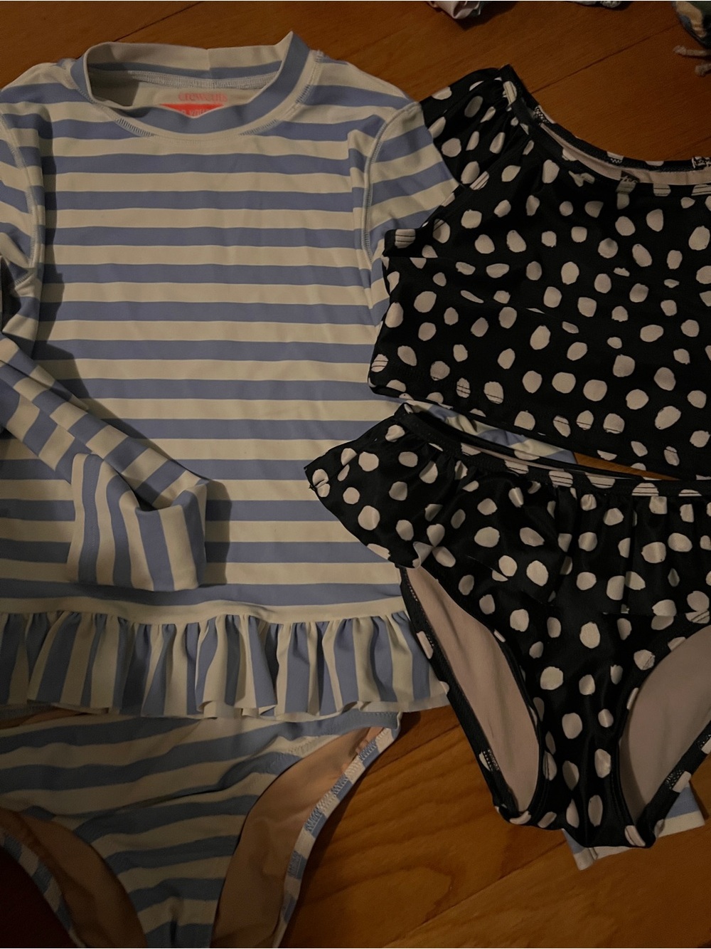 Striped Blue & White Ruffle Rash Guard with Black Polka Dot Bikini Set